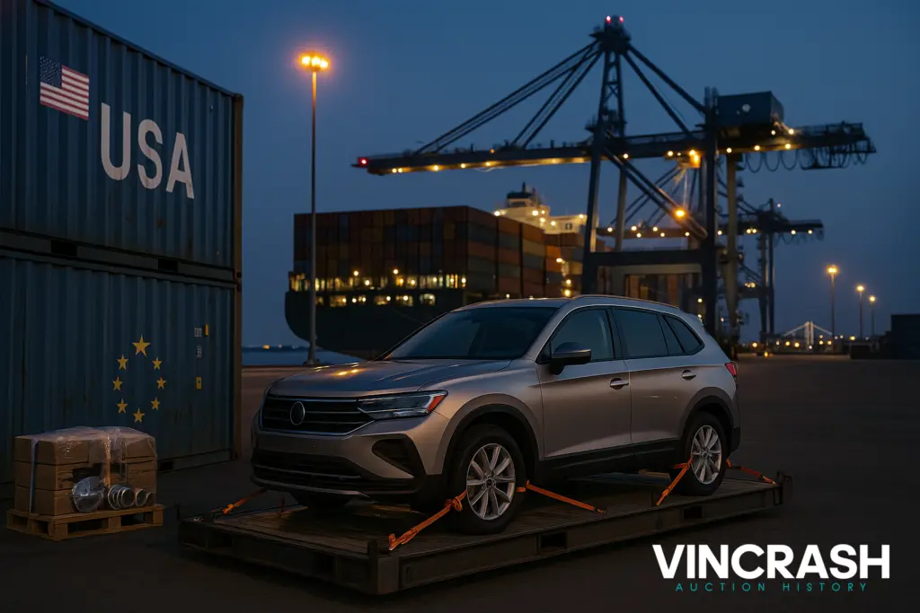 Auto przygotowane do frachtu morskiego w porcie; kontenery USA/EU w tle – sprowadzenie samochodu z USA